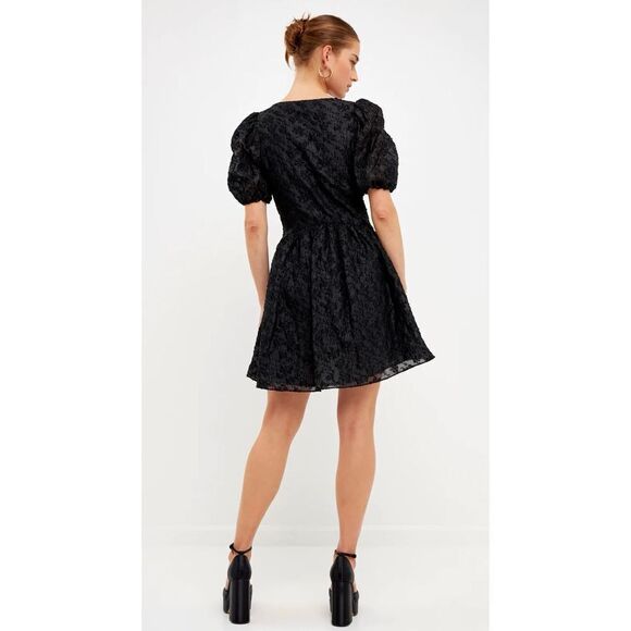 NWOT Endless Rose Texture Floral Organza Black Puff Sleeve Mini Dress Large - Picture 2 of 16